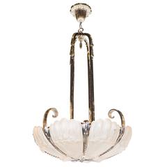 Exquisite Relief Frosted Glass and Silvered Bronze Art Deco Chandelier by Hanots