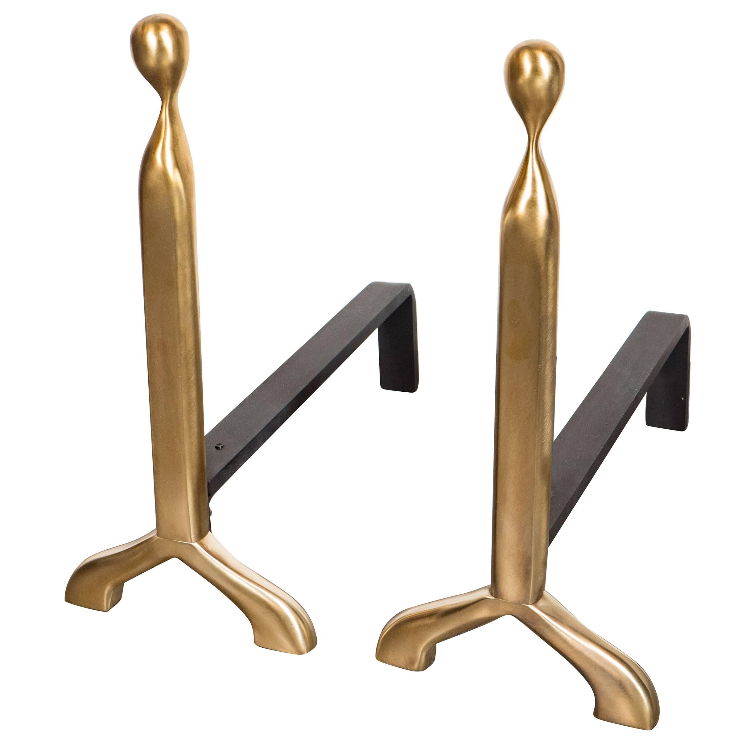 Custom Pair of Mid-Century Modernist Style "Jerome" Andirons in Brushed Brass