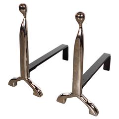 Custom Pair of Mid-Century Modernist Style "Jerome" Andirons in Polished Nickel