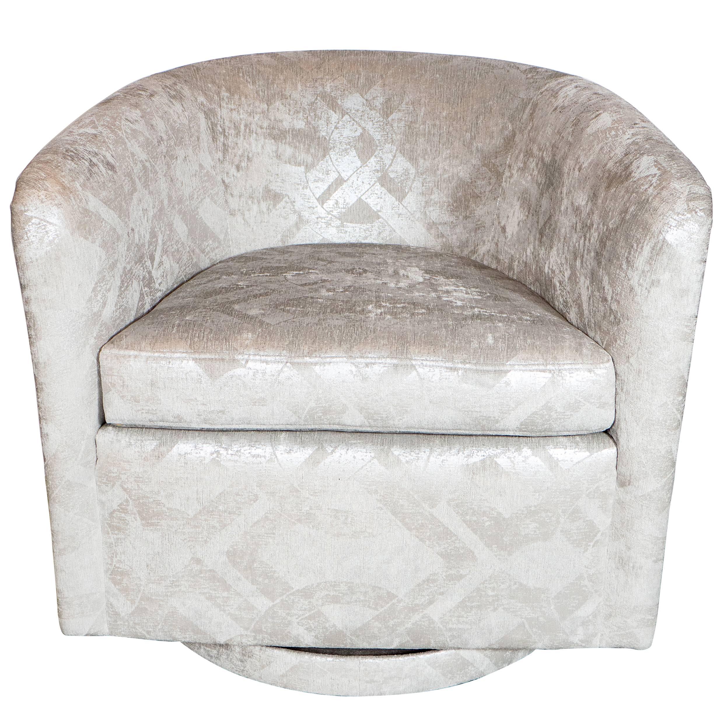 Milo Baughman Swivel Chair in Embossed Pearl and Metallic Platinum Velvet