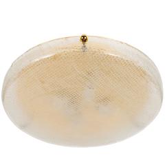 Mid-Century Circular Flush Mount Chandelier in Textured Glass and Brass Fittings