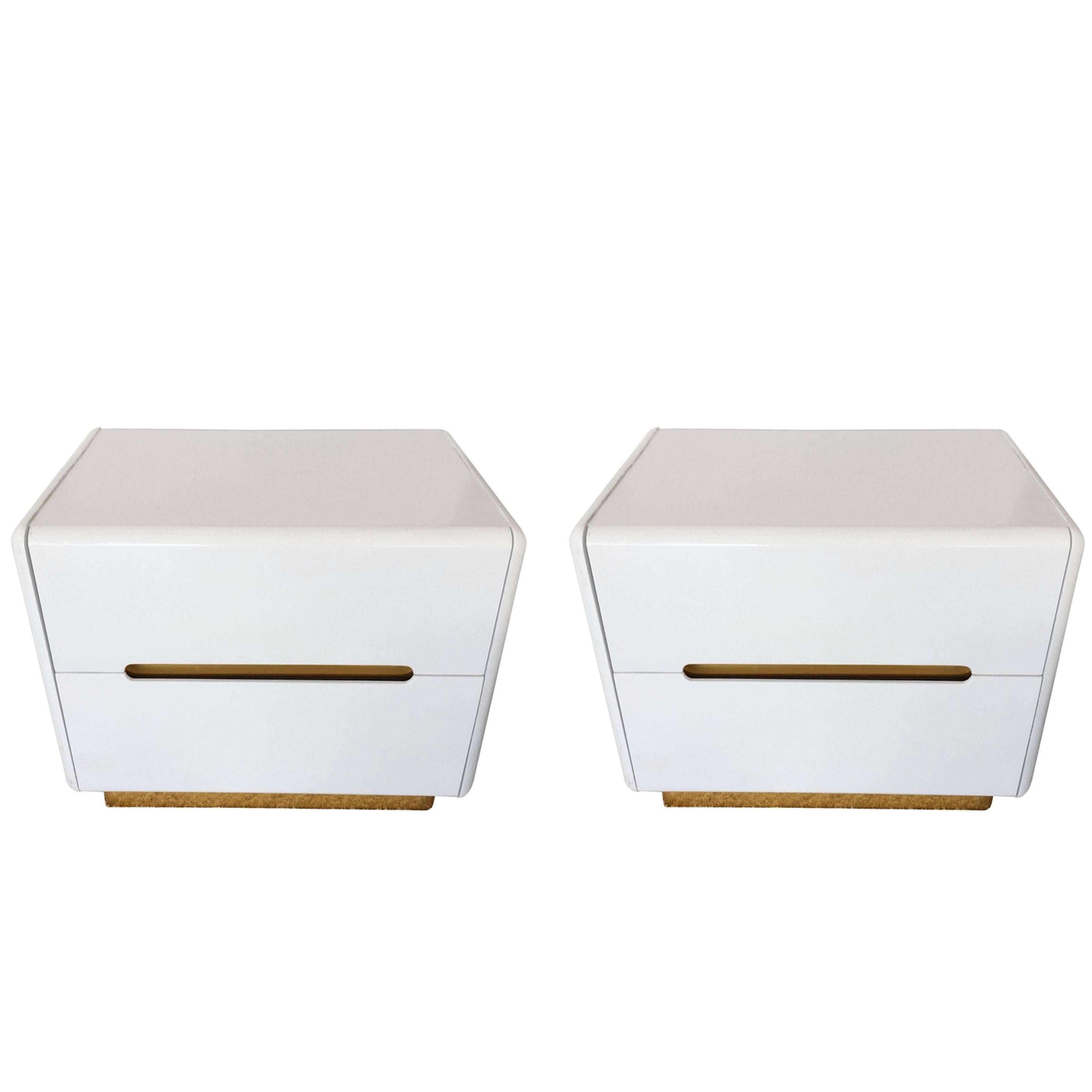 Pair of Vintage Lane Nightstands in White Lacquer and Brass