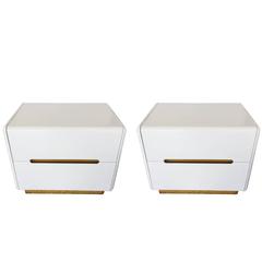 Pair of Vintage Lane Nightstands in White Lacquer and Brass