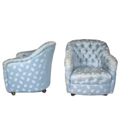 Pair of Button Tufted Barrel Chairs on Casters by Ward Bennett