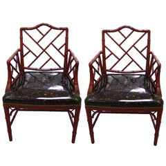 Red Faux Bamboo with Faux Tortoise Armchairs, Pair