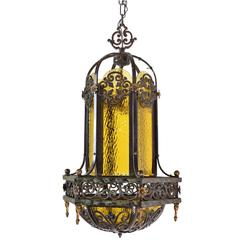 Gothic Iron Pendant with Amber Bent Glass Panels and Floral Details