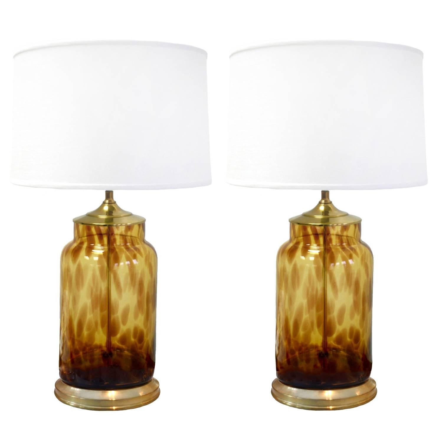 Pair of Tortoise Glass and Brass Lamps
