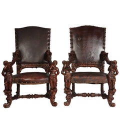 Retro Pair of Palatial Venetian Walnut Carved Mid-19th Century Baroque Figural Thrones