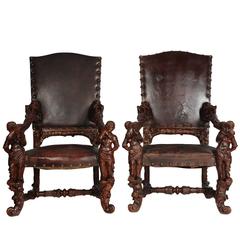 Pair of Palatial Venetian Walnut Carved Mid-19th Century Baroque Figural Thrones 9