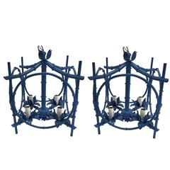 Pair of Painted Custom Blue Faux Bamboo Chandeliers