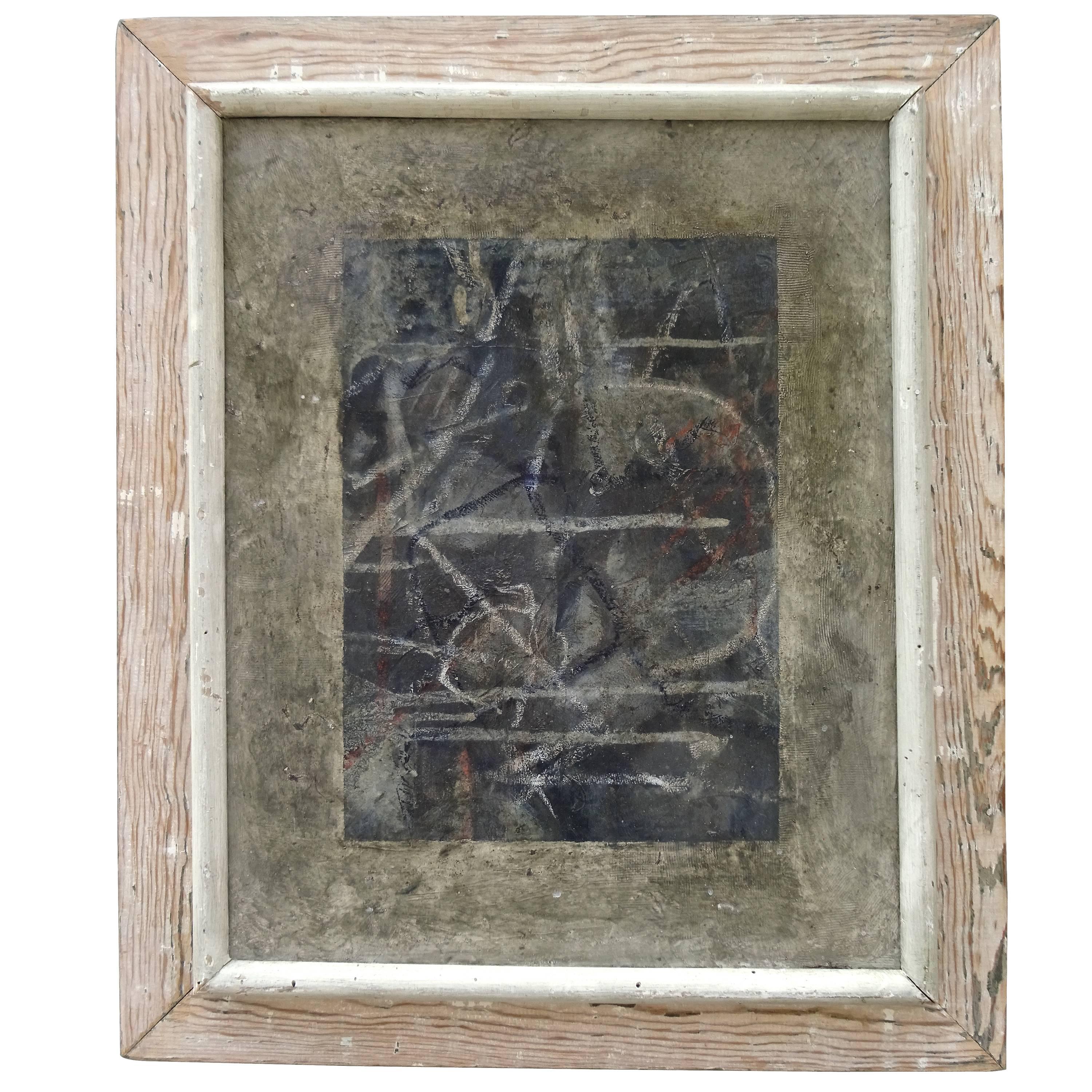 Charming 1940s Abstract Oil Painting in Original Distressed Frame