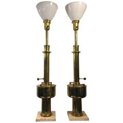 Magnificient Pair of Tommi Parzinger Style Brass and Travertine Table Lamps 