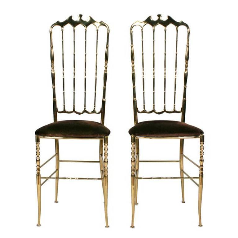 Pair of Brass High Back Side Chairs by Chiavari