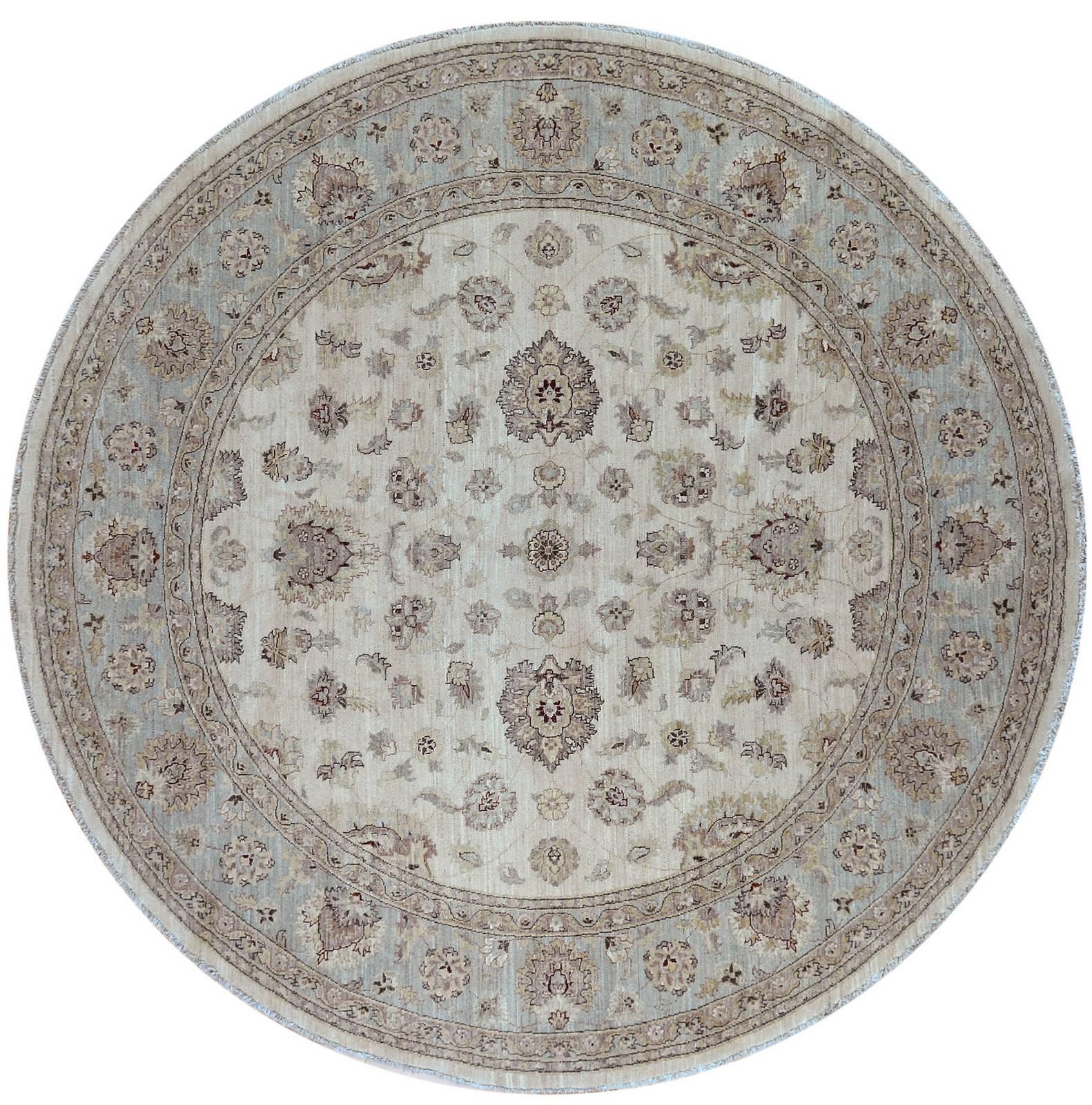Round Ivory and Blue Floral Pattern Rug
