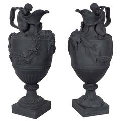 Pair Wedgwood Black Basalt Wine and Water Ewers