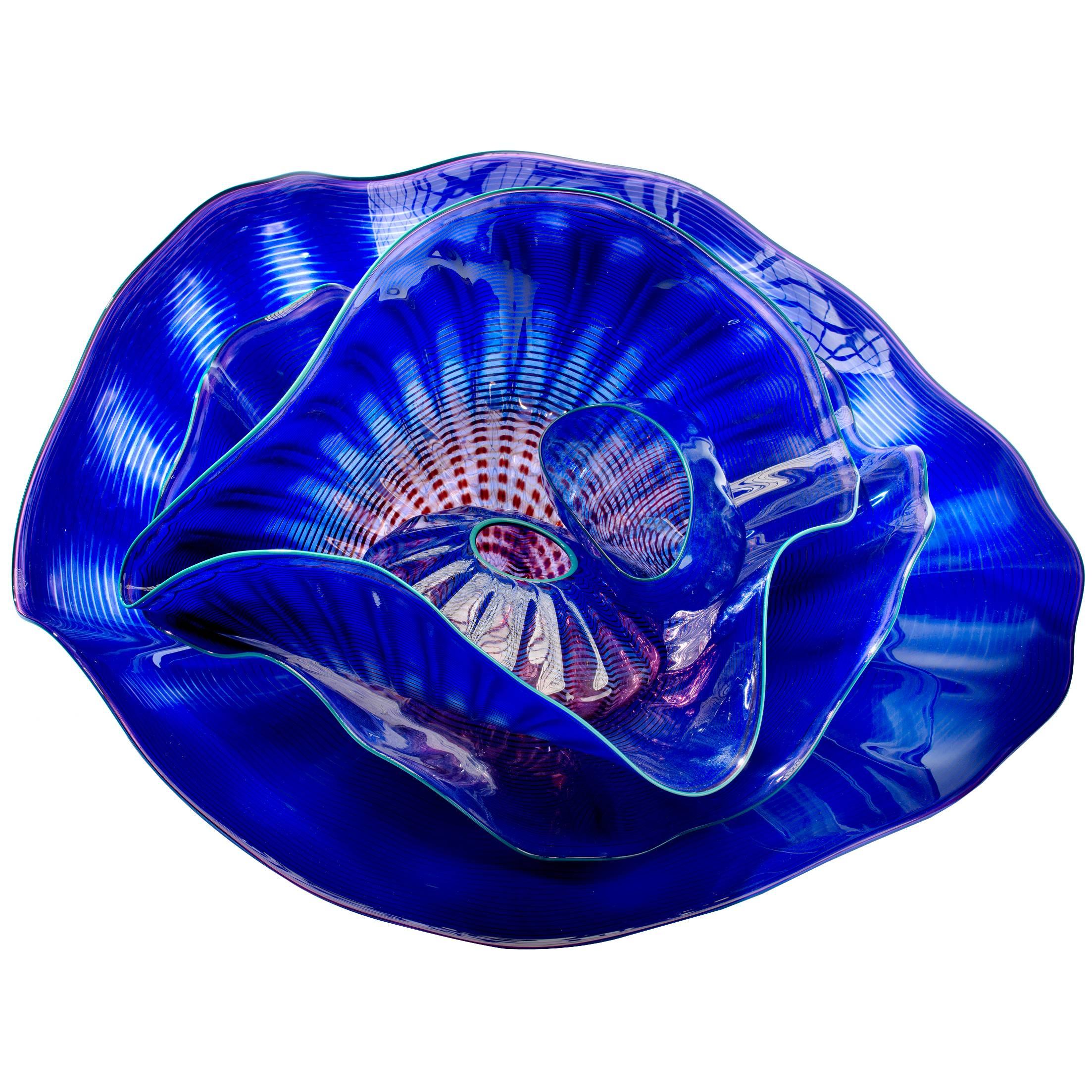 20th Century 5-Piece Cobalt Blue Sea Form Set with Turquoise Lip Wrap Glass Set