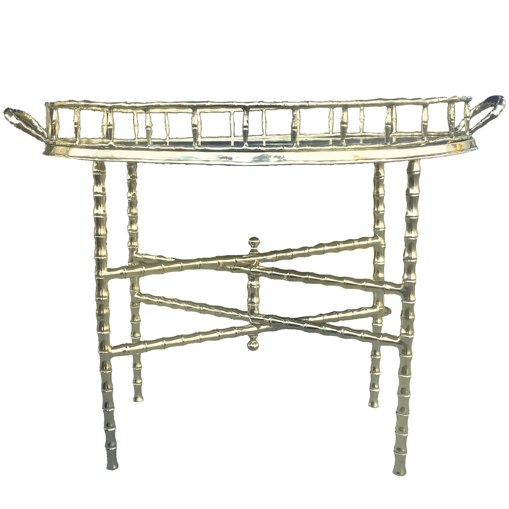 Polished Brass Faux Bamboo Chinoiserie Tray Table
