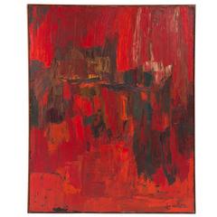 Retro Striking Abstract Oil on Canvas in Reds by Lea Wellner