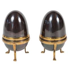 Pair of Egg Form Brass Boxes with Brass Footed Stands