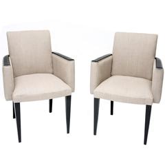 Pair of French Art Deco Armchairs, Ebonized Frames and Beige Linen Upholstery
