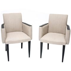 Vintage Pair of French Art Deco Armchairs, Ebonized Frames and Beige Linen Upholstery
