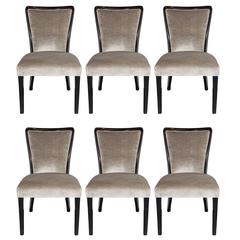 Set of Mid-Century Dining Chairs in Ebonized Walnut and Smoked Gray Velvet