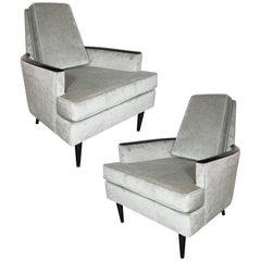 Pair of Mid-Century Armchairs in Smoked Platinum Velvet & Ebonized Walnut