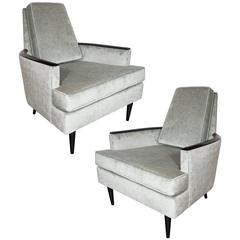 Pair of Mid-Century Armchairs in Smoked Platinum Velvet and Ebonized Walnut 7