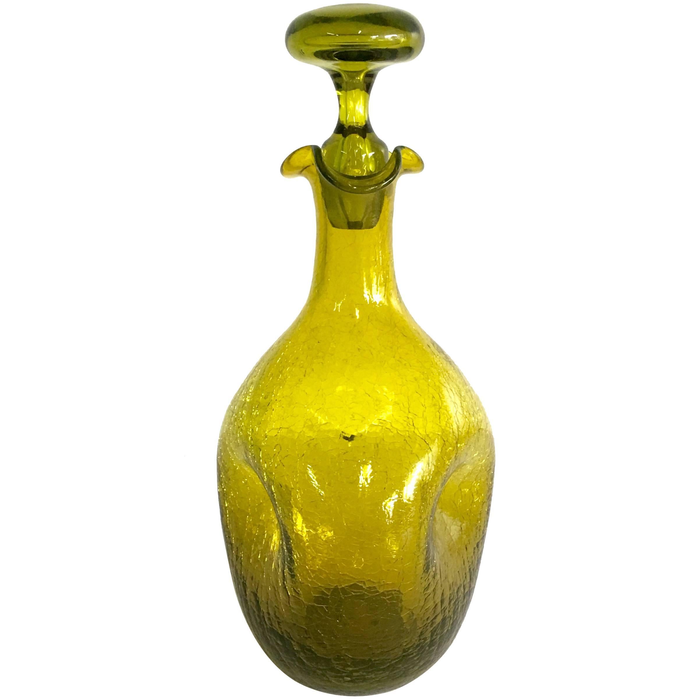 Mid-Century Blenko Glass Green Pinched Crackle Glass Decanter
