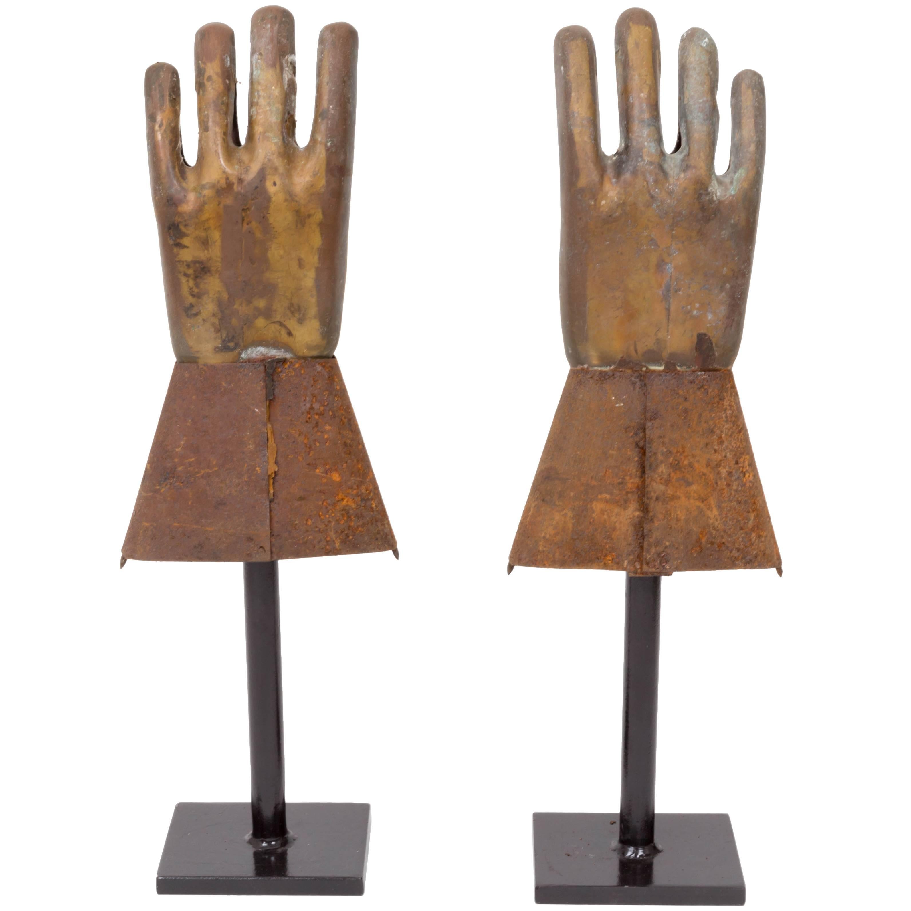 Pair of Industrial Metal Glove Hand Molds For Sale