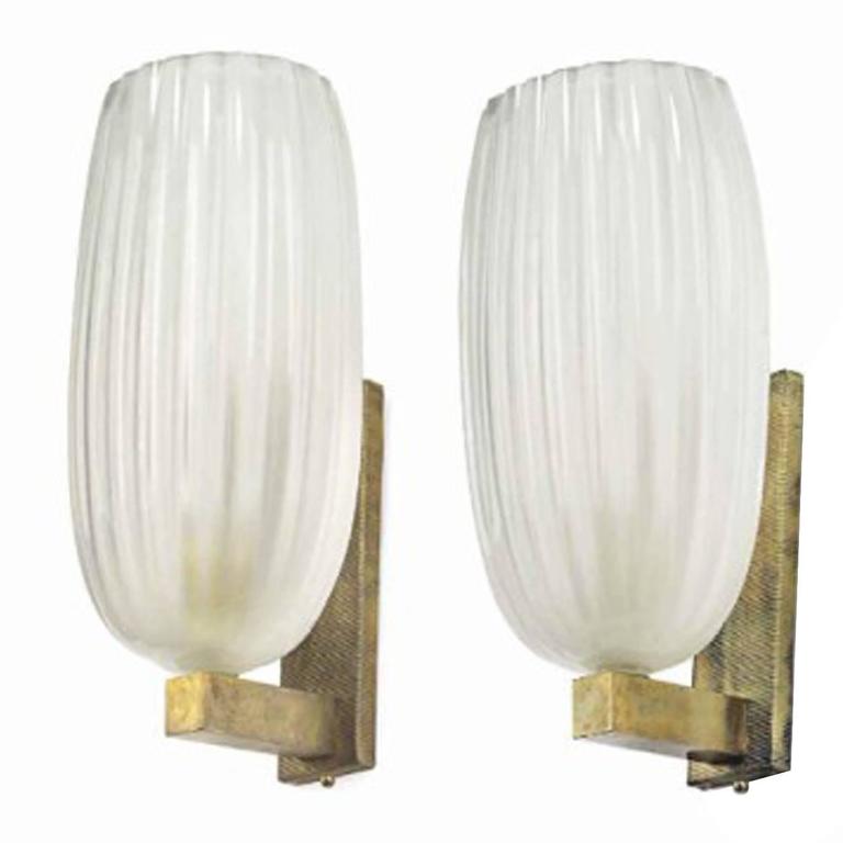 Pair Of Vintage Frosted Glass And Brass Mounted Single Light Wall Sconce
