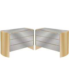 Pair of Chic Bedside Tables in Brass and Smoke Mirror