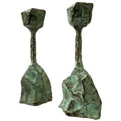 Brutalist Pair of Cast Bronze Candleholders