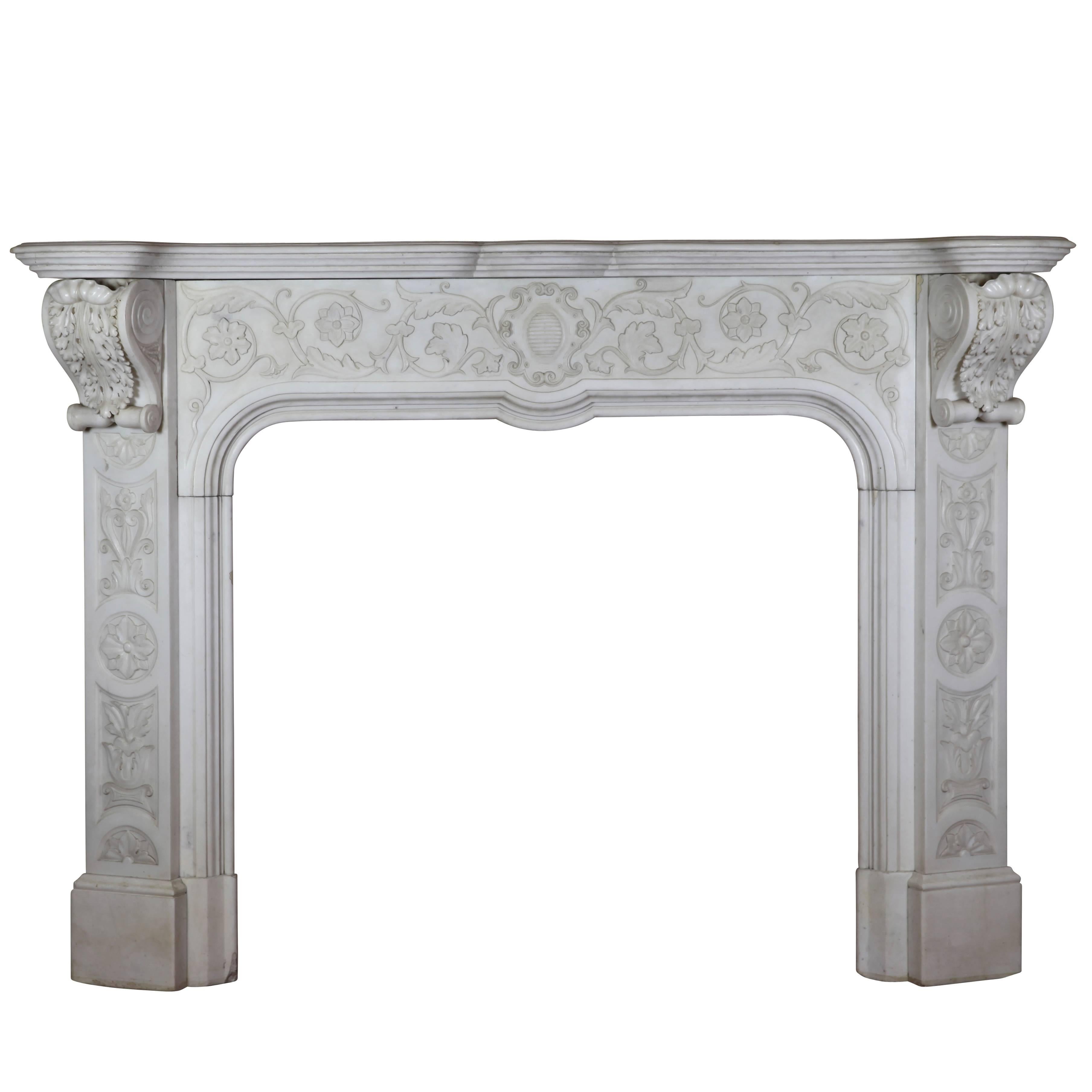Rare 19th Century Italian White Marble Original Antique Fireplace Mantle For Sale