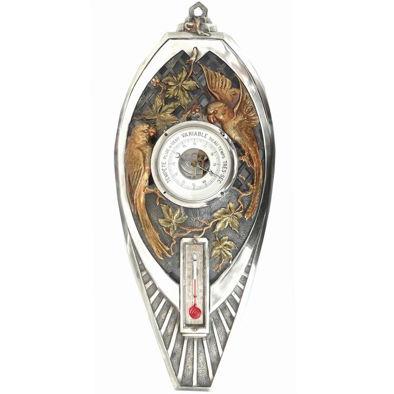 Large French Art Deco Barometer with Gold Conure Parakeet Bird Silver ...