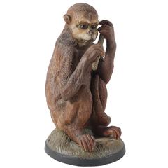19th Century French Painted Terracotta Monkey Sculpture with Inset Glass Eyes