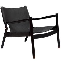Erickson Aesthetics  Slung Black Calf Leather Charred Oak Lounge Chair