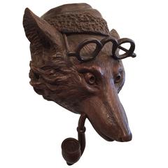 Antique Early 20th Century Swiss Black Forest Carved Walnut Fox Head