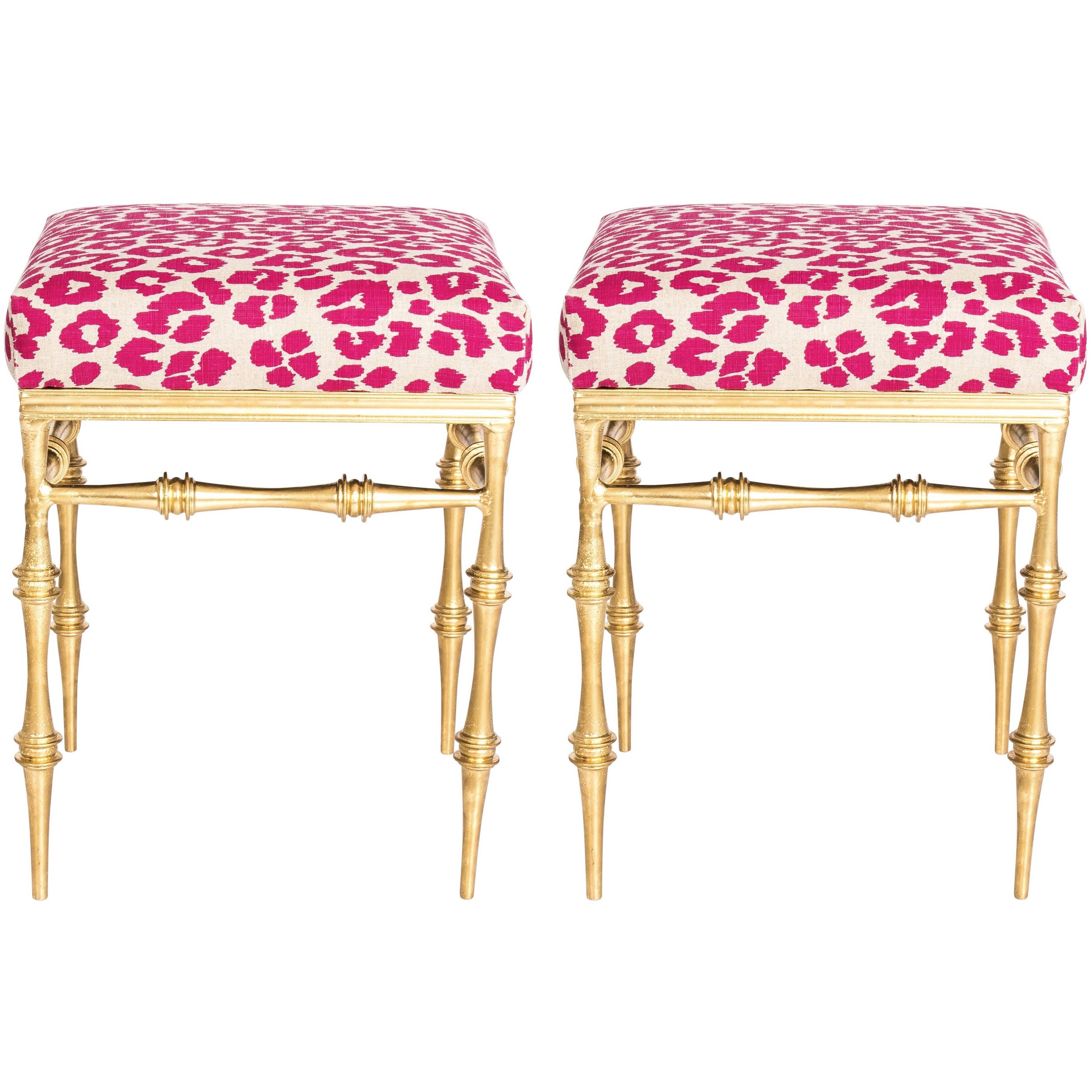 Pair of Gilt Metal Pink Leopard Benches