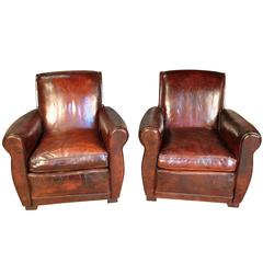 Pair of French Art Deco Leather Club Chairs