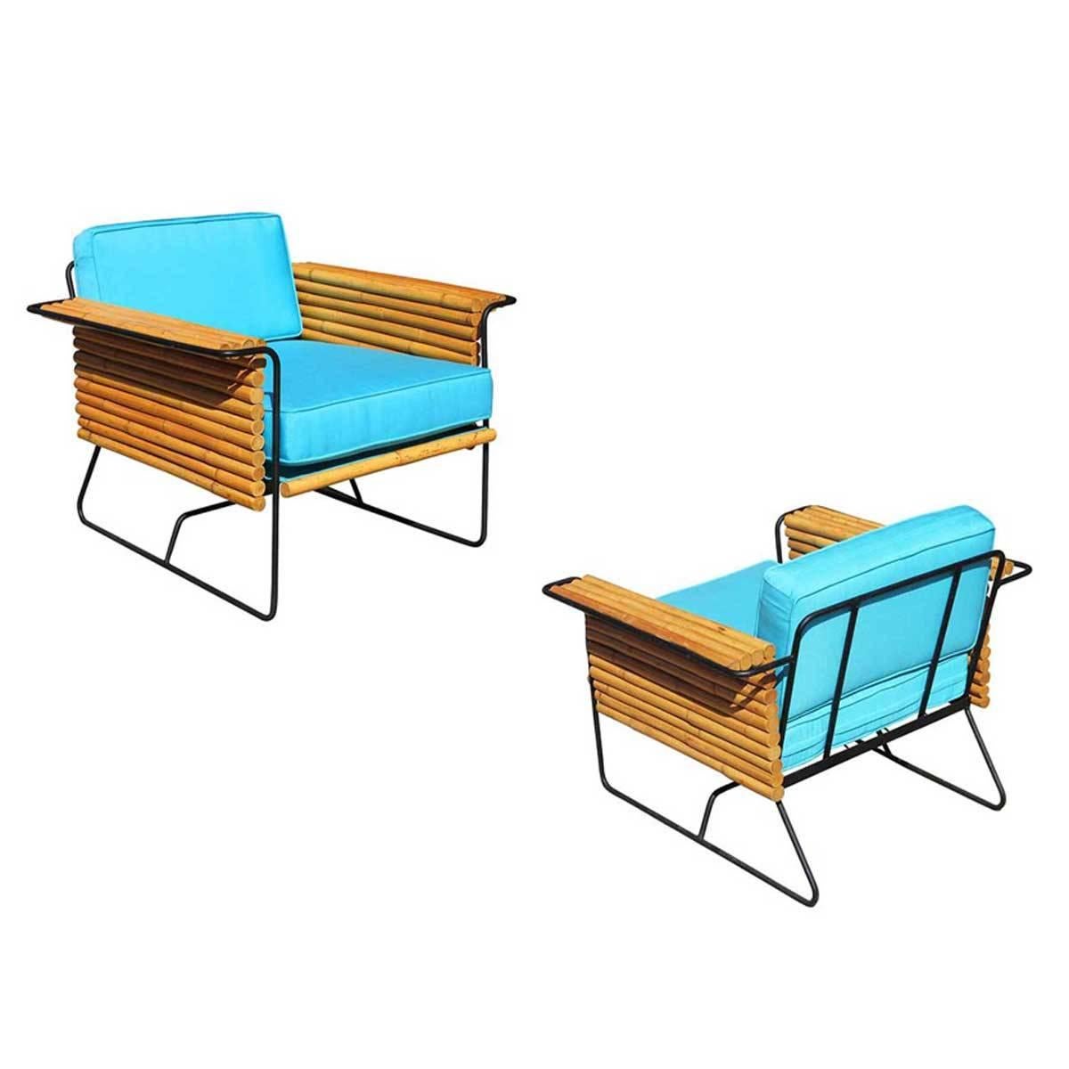 Restored Pair of Wroughtan Iron and Rattan Ski Club Chairs by Shirley Ritts