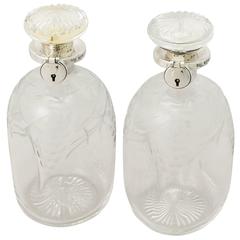 Pair of Blown & Acid Etched Glass & Sterling Silver Locking Decanters, Antique 6