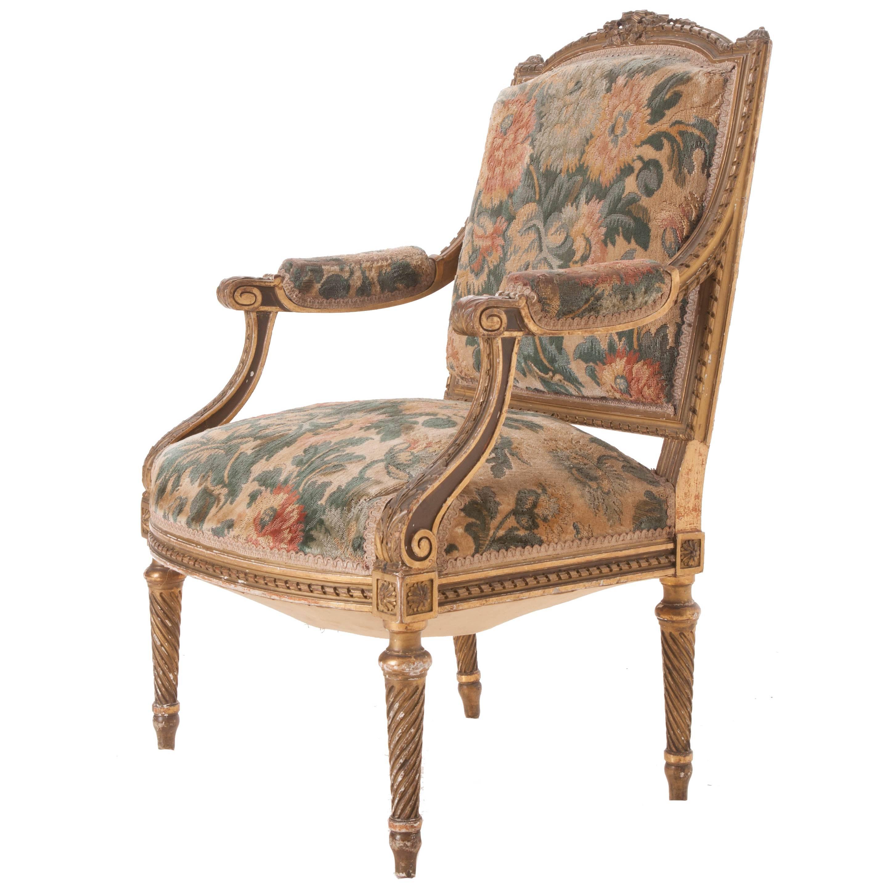 French 19th Century Louis XVI Gold Gilt Fauteuil with Tapestry Upholstery