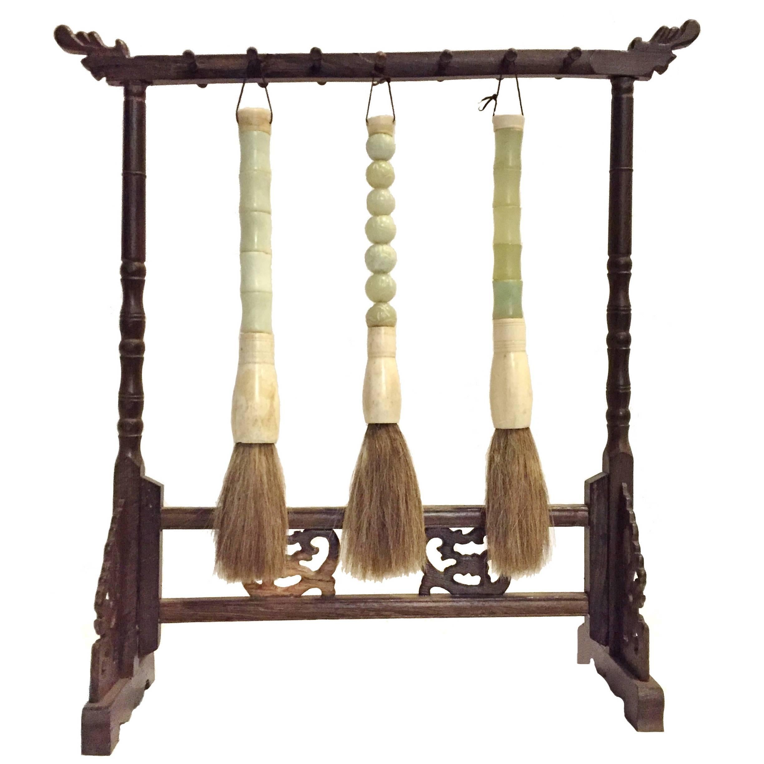 Set of Jade Calligraphy Brushes on Rosewood Stand 