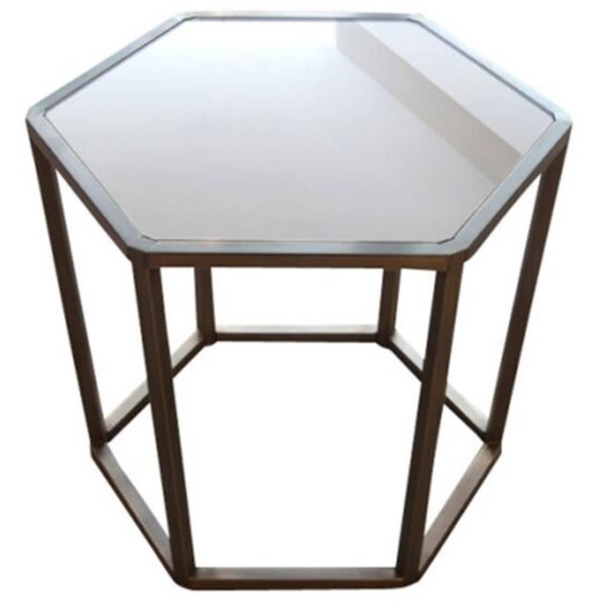 Hexagonal Brass and Glass Table For Sale