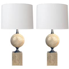 Good Pair of French 1970s Pierre Barbier Polished Travertine & Chrome Lamps