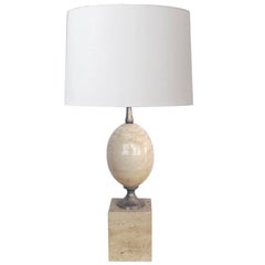 Good French 1970s Philippe Barbier Polished Travertine and Chrome Lamp