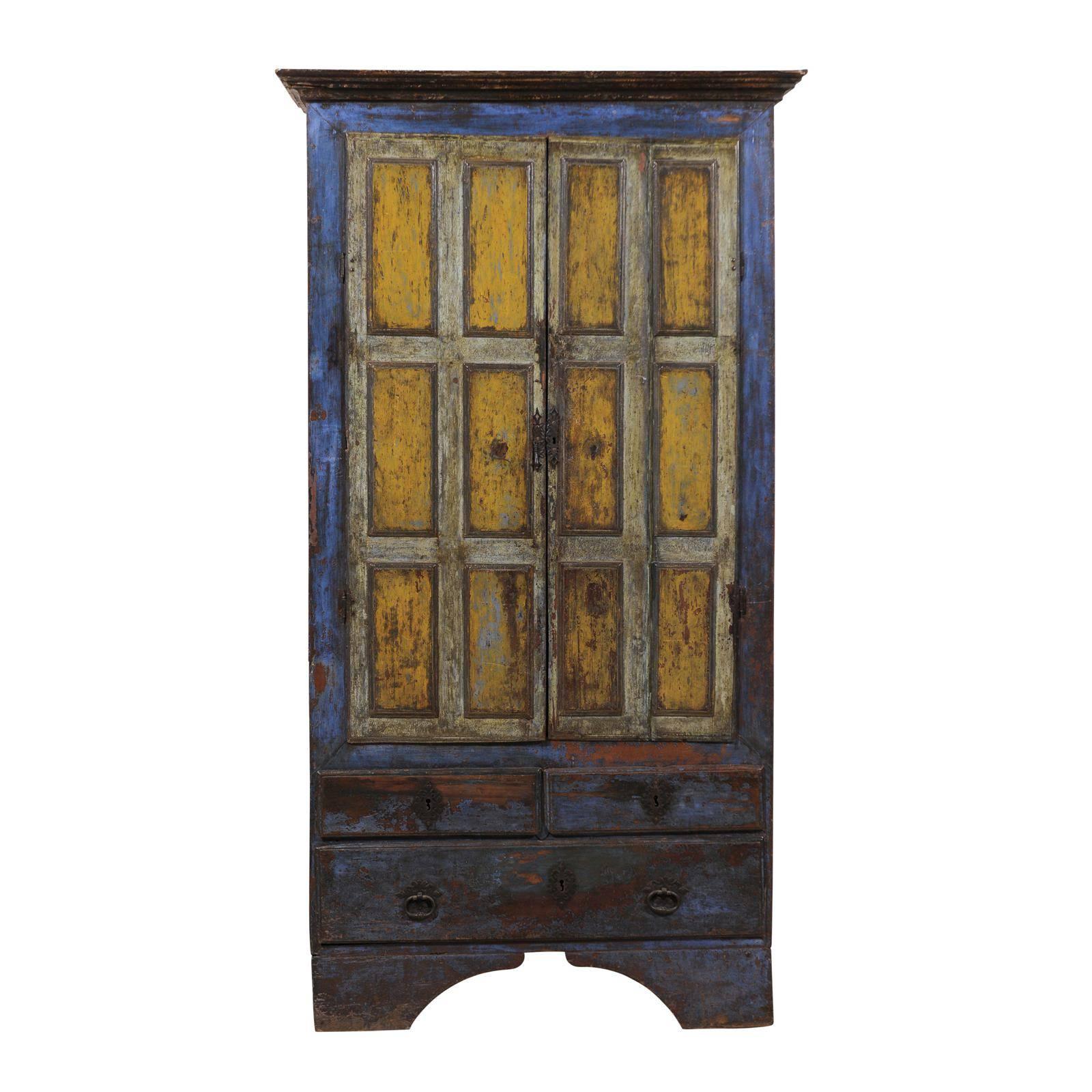 Meuble de rangement en bois à 2 portes avec tiroirs et peinture d'origine en bleu et jaune du début du 19e siècle 