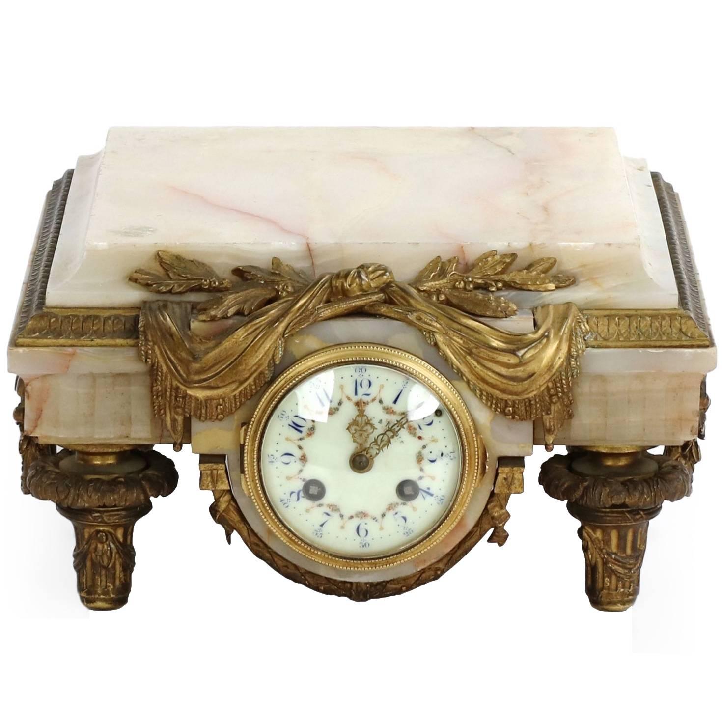 French Louis XVI Style Onyx and Bronze Sculpture Pedestal Base With Mougin Clock