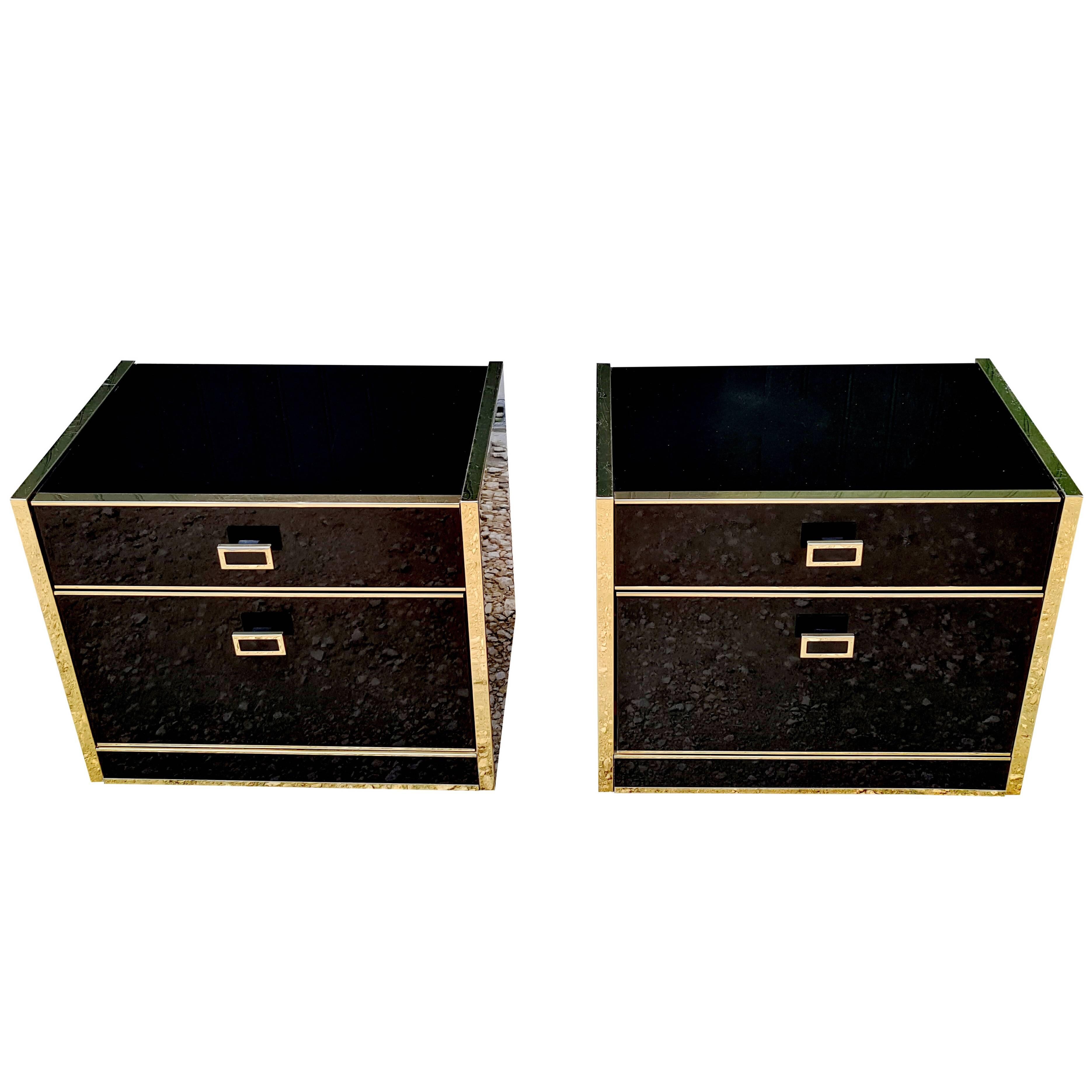 Pair of Black Lacquer and Brass End Tables for Simat, France, circa 1970